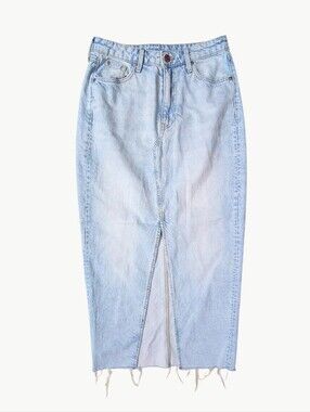& Denim Midi Jean Skirt Blue Denim Front Slit Raw Hem Cotton Women's Size SMALL